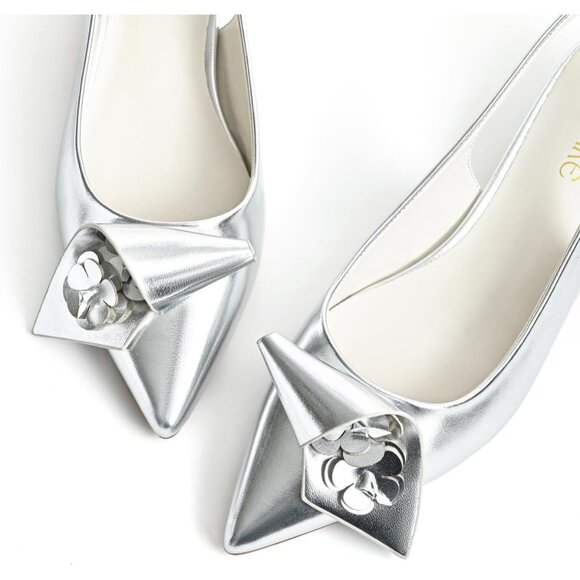 Sicare Slingback Heel Pumps Synthetic Silver Women Flower Block Heel Dress Shoes - Picture 2 of 12